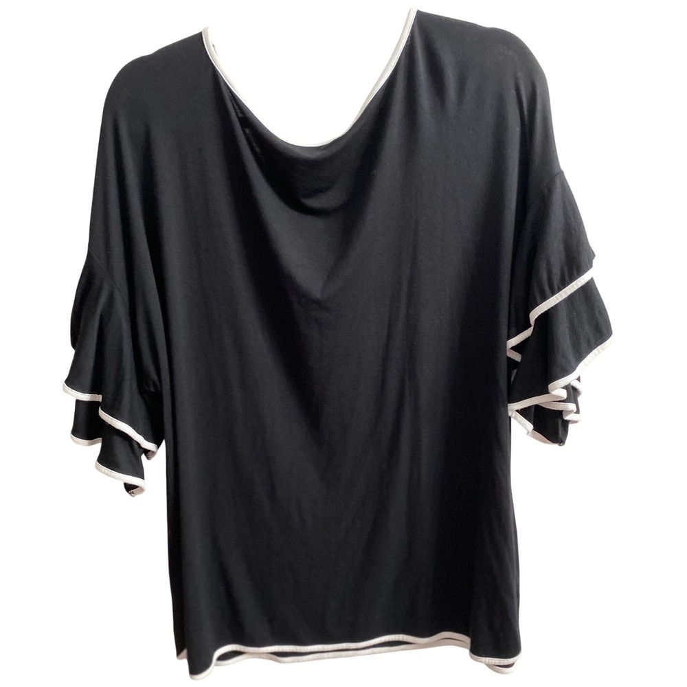 Cable & Gauge Woman Black Tier Ruffle Sleeve Knit Top White Piping 1X Scoop Neck - Picture 3 of 6